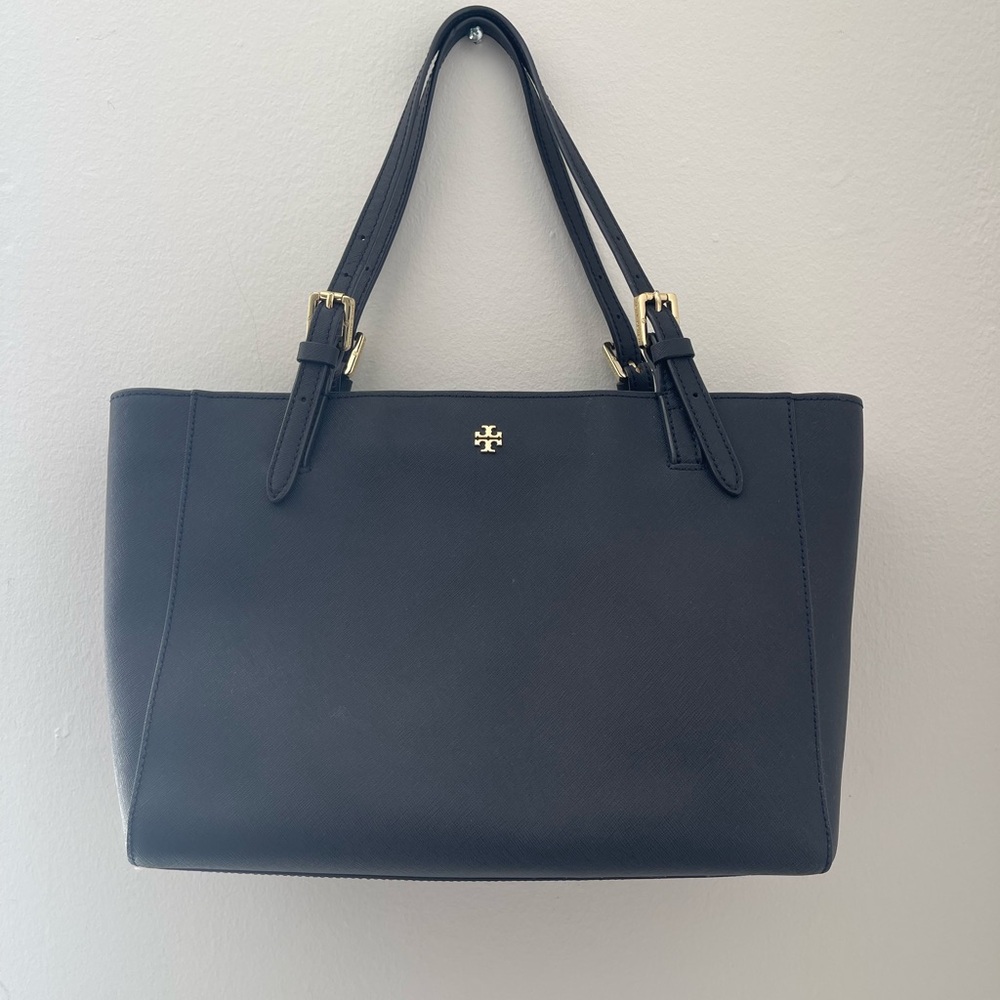 Tory Burch Saffiano Leather Buckle Tote Bag – Dark Navy/Gold